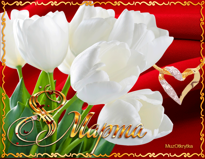 музыкальная открытка к 8 Марта, благословляю этот вечер, анимация нежный букет белых тюльпанов