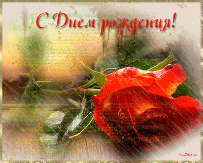 открытка музыкальная с днем рождения с кодом, 3 ноября, анимационная открытка красная роза, дождь, ноты, в музыке только гартония есть