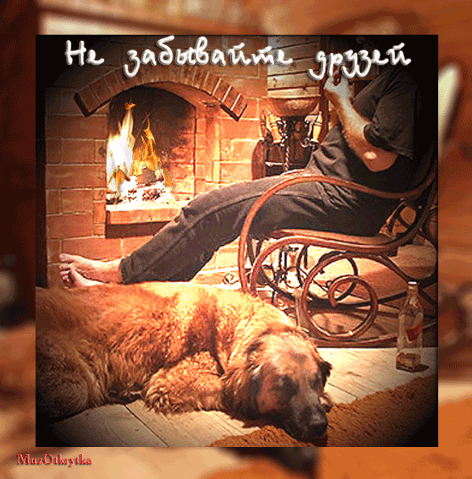 Музыкальная открытка для друга, анимационная открытка другу, камин, собака, мужчина в кресле кочалке