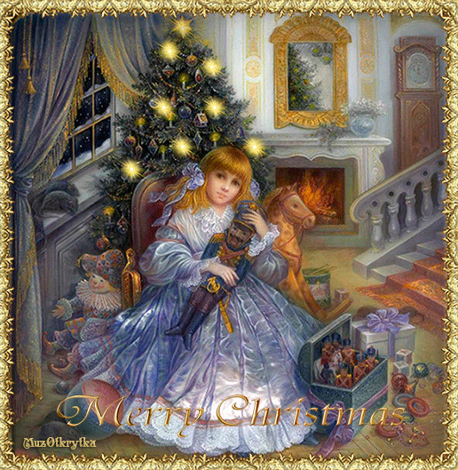 christmas day, музыкальная открытка с новым годом, merry christmas, красивая анимационная новогодняя открытка, девочка с игрушками, новогодняя елка