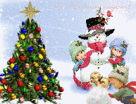 музыкальная анимационная новогодняя открытка, ребятишки лепят снеговика, новогодняя елка, детская песня новогодняя