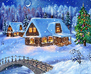 музыкальная новогодняя анимационная открытка, зима в деревне, снегопад