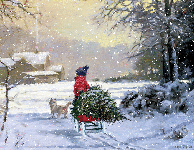 новогодние поздравления, музыкальная анимационная новогодняя открытка, зима в деревне, мальчив везет елочку из леса