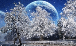 музыкальная новогодняя анимационная открытка, красивые сказочные снежные деревья снегопад
