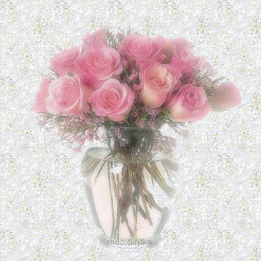 Анимационная открытка розовые розы в вазе, блеснящий фон