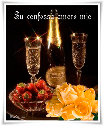 Музыкальная открытка любимой, адриано Челентано, Confessa, так признайся любовь моя, анимация, шампанское, фужеры, клубника, желтые розы